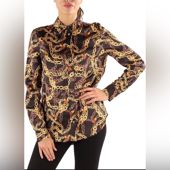New Marciano logo guess gold chain printed long sleeve collar button blouse S - Picture 1 of 9